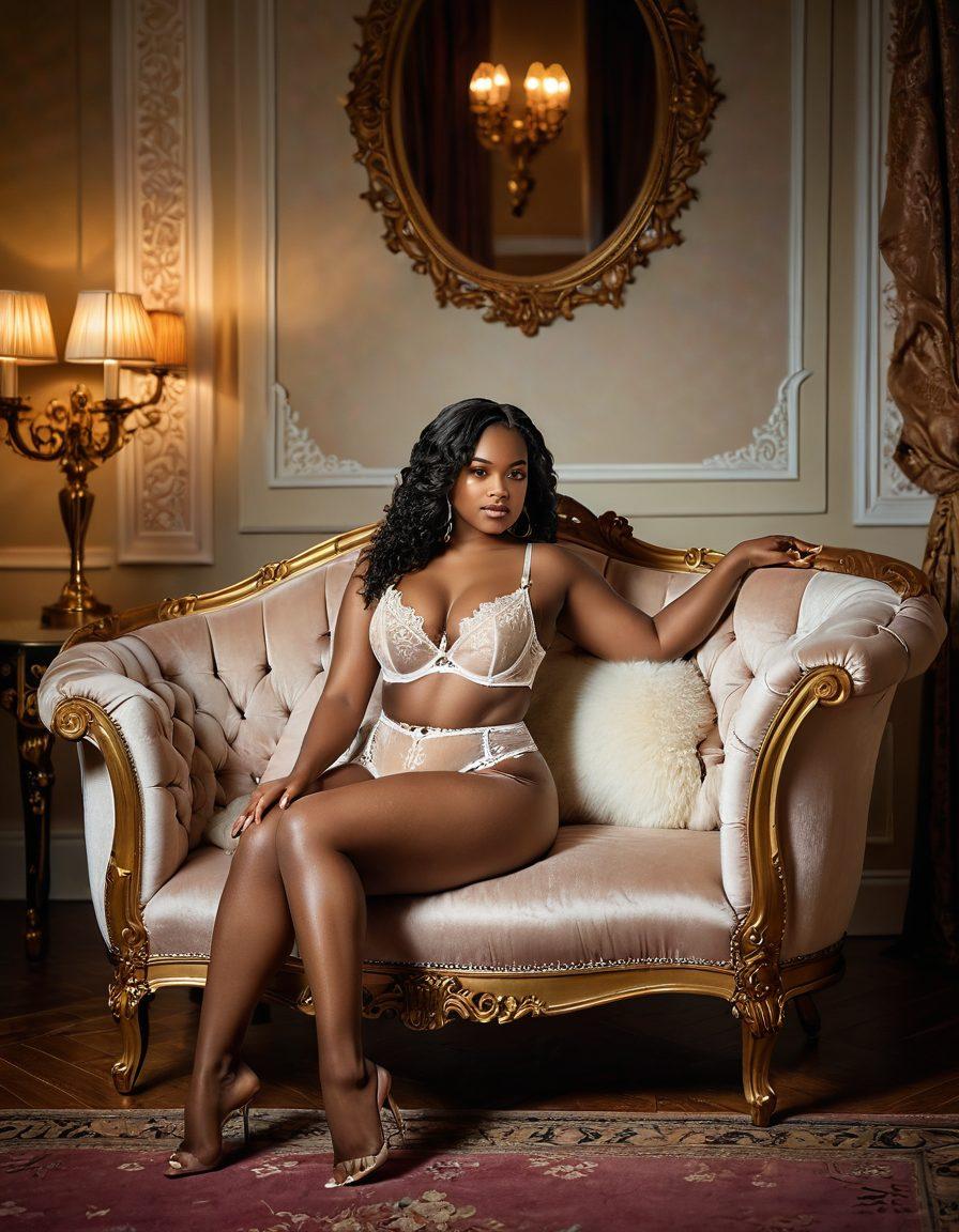 A captivating scene featuring a curvy model adorned in elegant lingerie, gracefully posing on an ornate chaise lounge under soft, ambient lighting. The background hints at a luxurious bedroom with tasteful decor, evoking a sense of intimacy and allure. Emphasize sensual expressions and body positivity, showcasing curves with an artistic touch. The color palette should be rich and inviting, creating a mood of seduction. super-realistic. warm tones. soft focus.